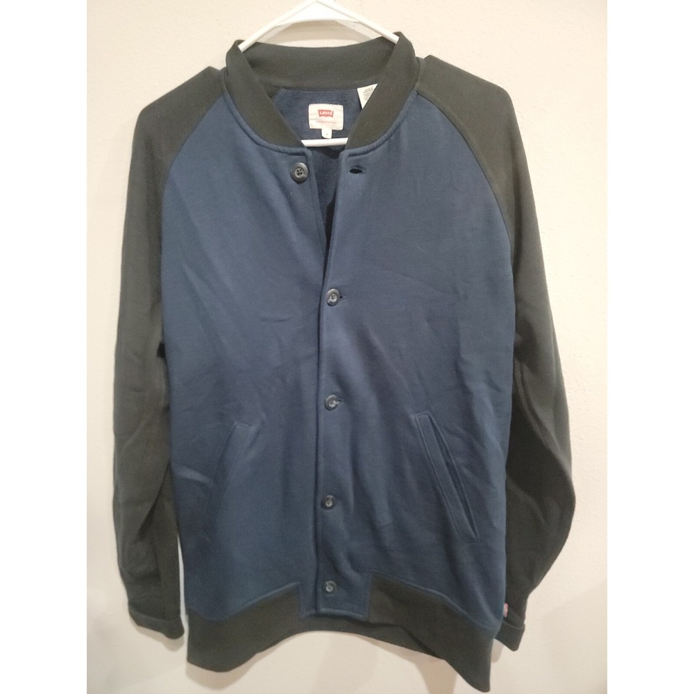 Levis Fleece Jacket Cardigan Button Down Mens M Blue Black Long Sleeve